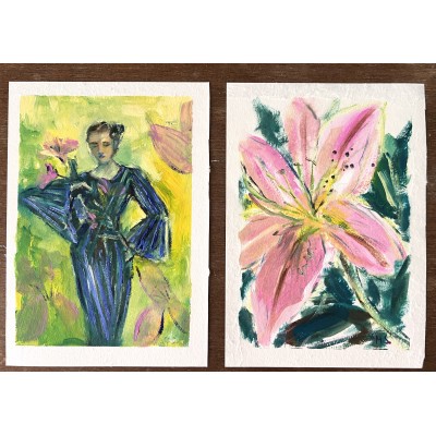 “Lilies and Her” — Original Oil Diptych on Paper by Marina Stognieva